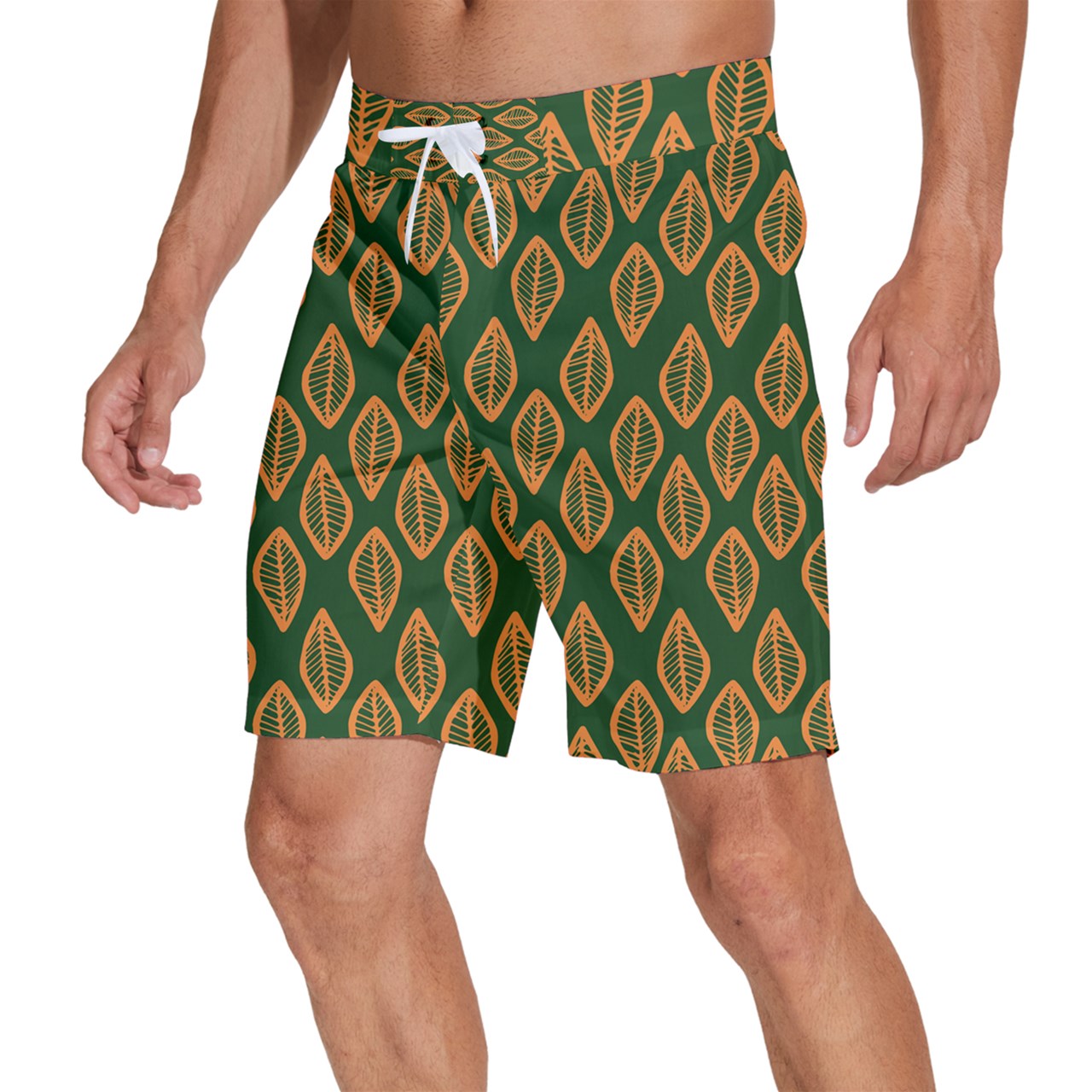 African | Ethnic | Mudcloth | #16 Green and Orange Men's Beach Shorts
