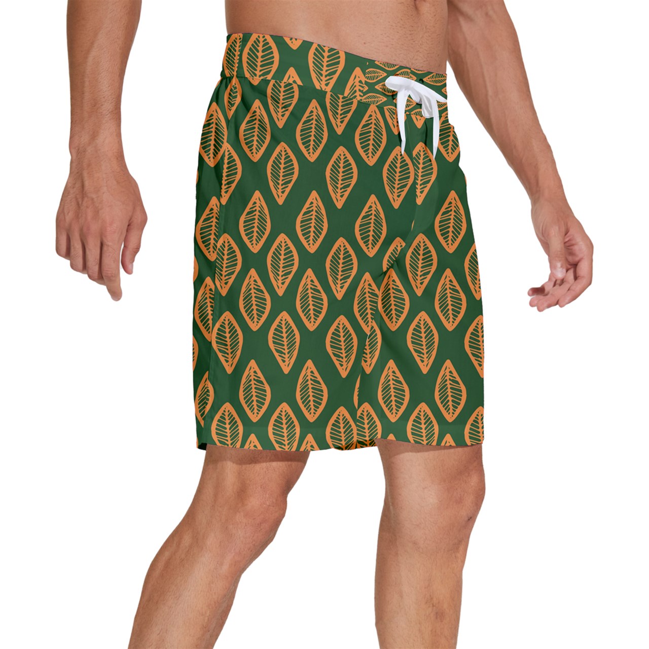 African | Ethnic | Mudcloth | #16 Green and Orange Men's Beach Shorts