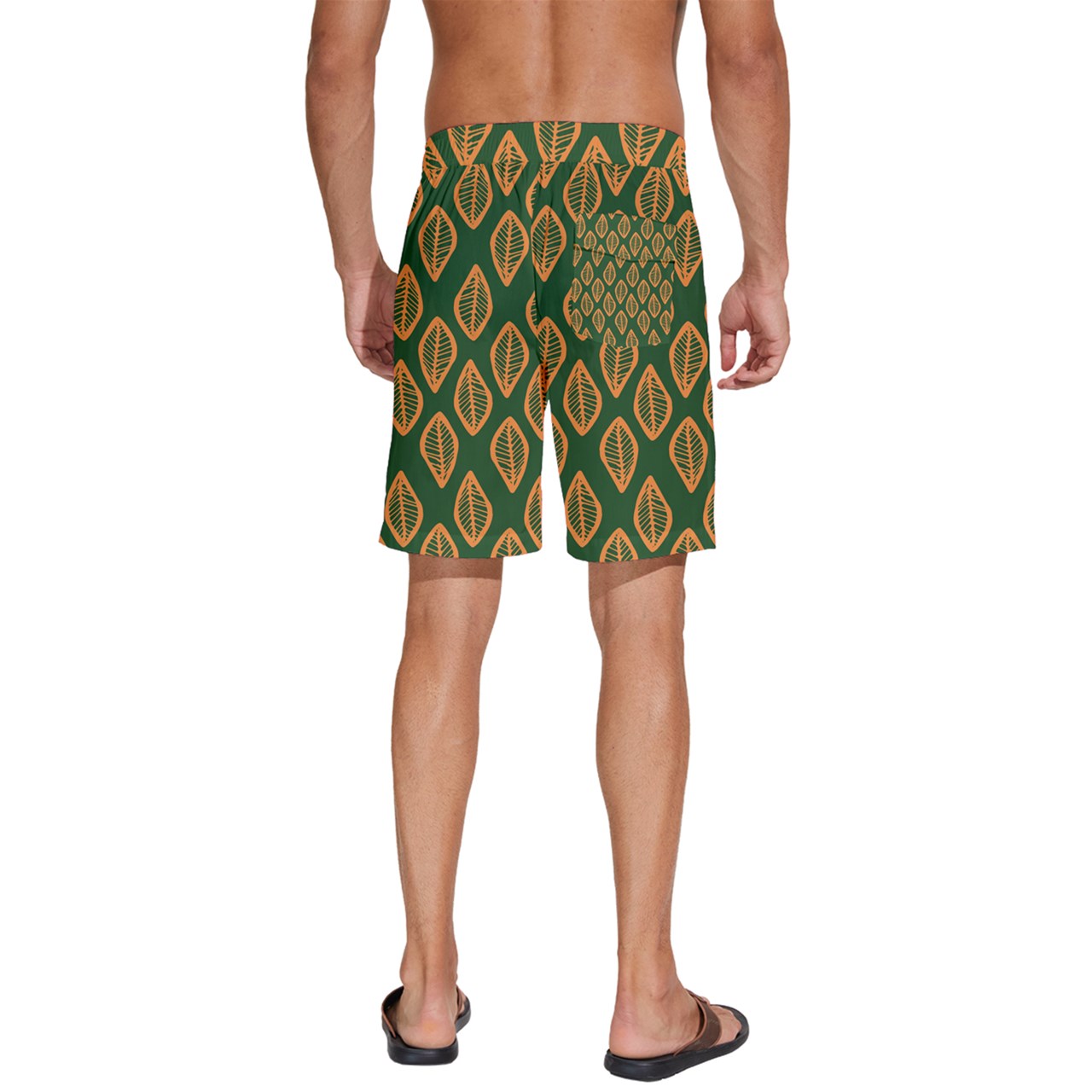 African | Ethnic | Mudcloth | #16 Green and Orange Men's Beach Shorts