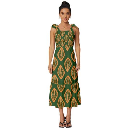 African | Ethnic | Mudcloth | #16 Green and Orange Tie-Strap Tiered Midi Chiffon Dress