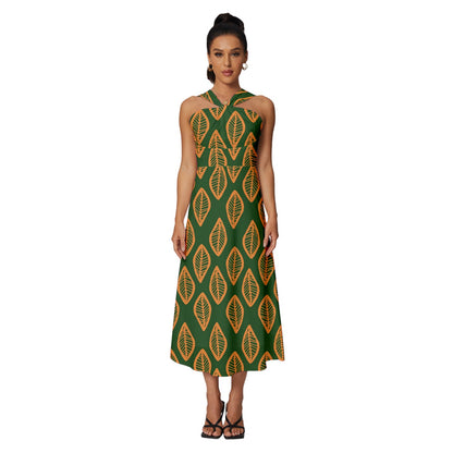 African | Ethnic | Mudcloth | #16 Green and Orange Sleeveless Cross Front Cocktail Midi Chiffon Dress