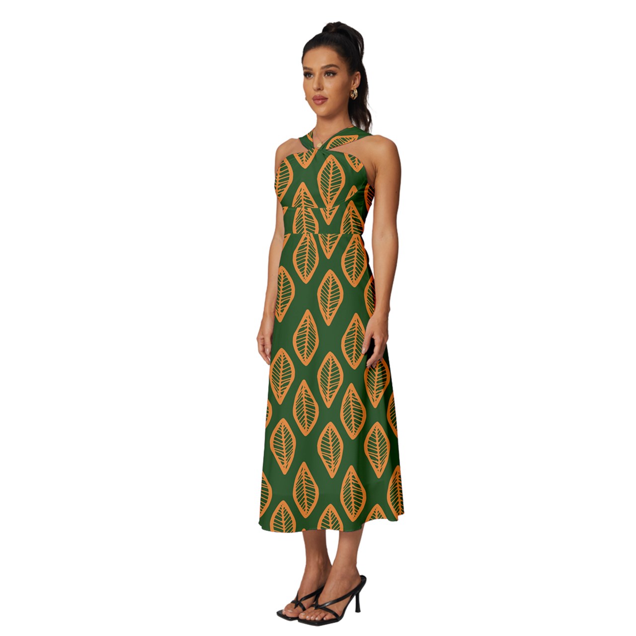 African | Ethnic | Mudcloth | #16 Green and Orange Sleeveless Cross Front Cocktail Midi Chiffon Dress