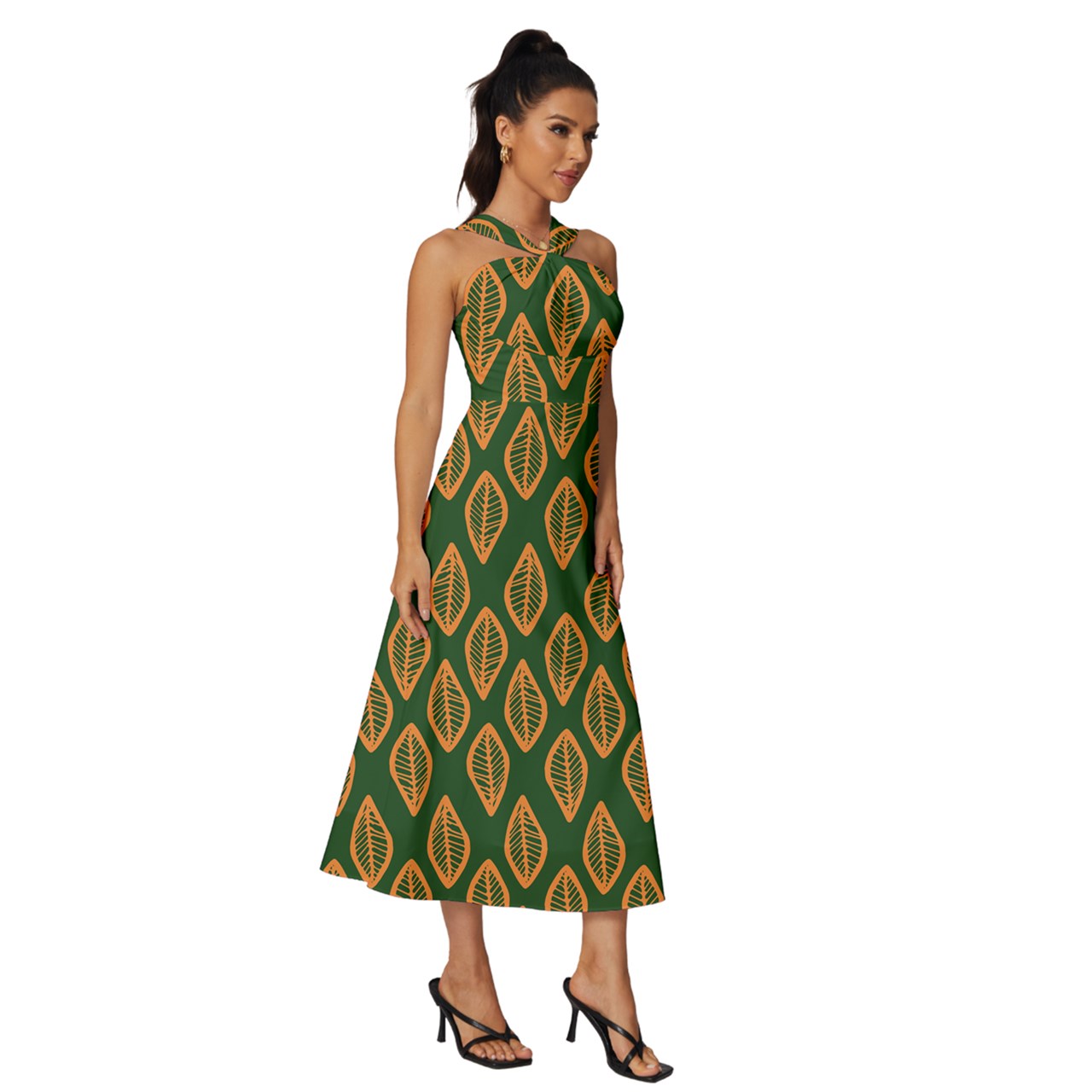 African | Ethnic | Mudcloth | #16 Green and Orange Sleeveless Cross Front Cocktail Midi Chiffon Dress