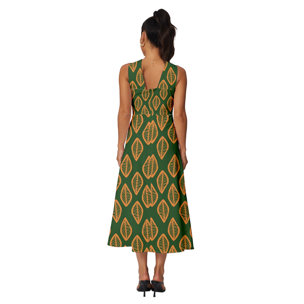 African | Ethnic | Mudcloth | #16 Green and Orange Sleeveless Cross Front Cocktail Midi Chiffon Dress