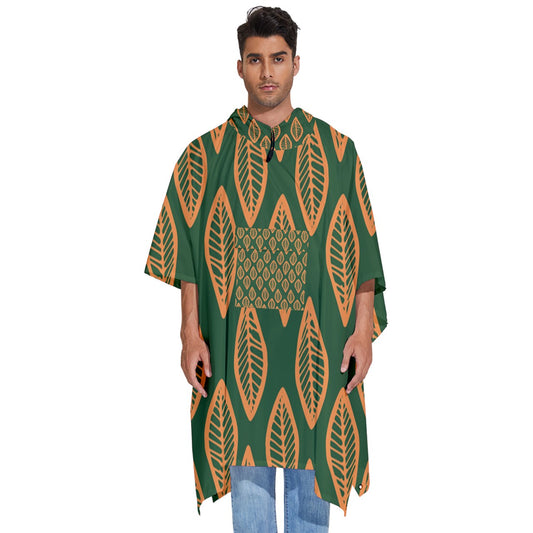 African | Ethnic | Mudcloth | #16 Green and Orange Men's Hooded Rain Ponchos One Size