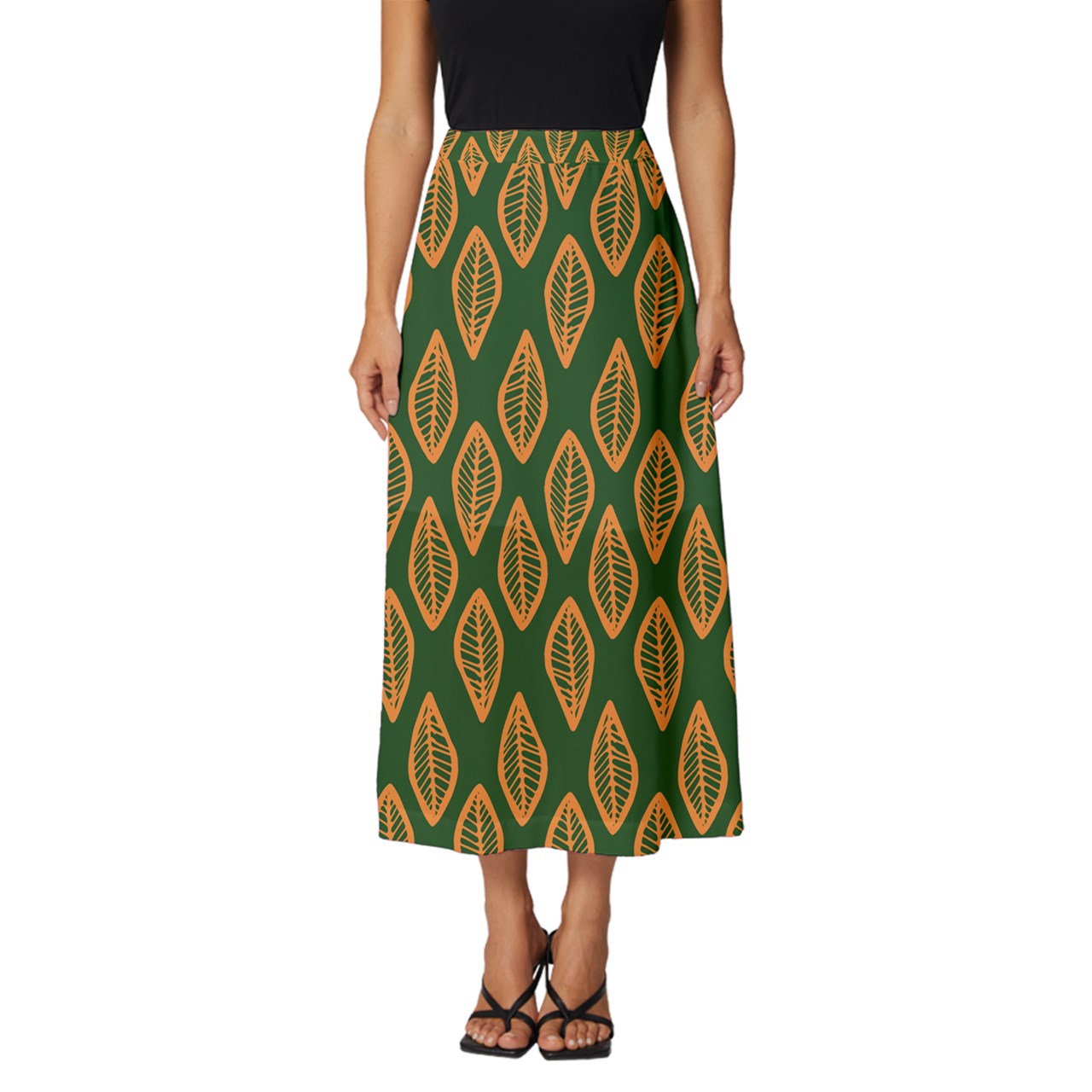 African | Ethnic | Mudcloth | #16 Green and Orange Classic Midi Chiffon Skirt