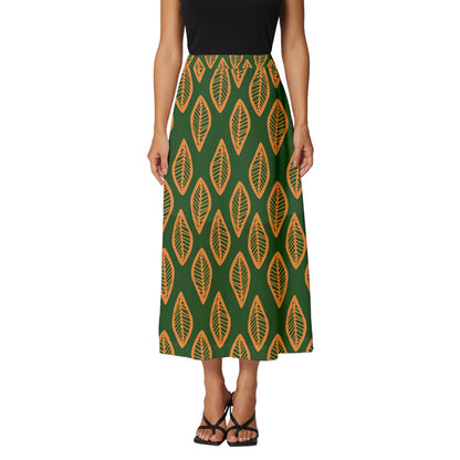 African | Ethnic | Mudcloth | #16 Green and Orange Classic Midi Chiffon Skirt