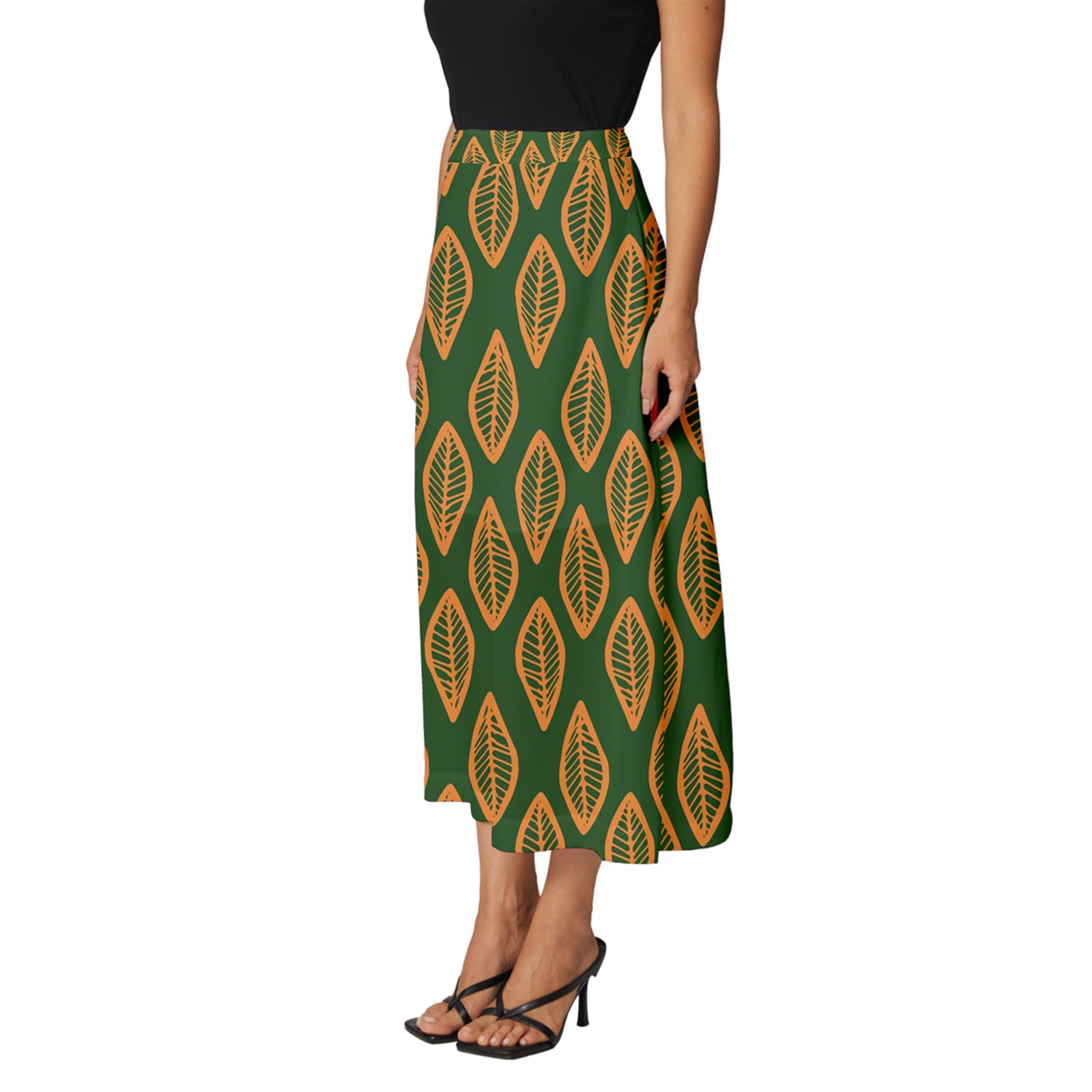 African | Ethnic | Mudcloth | #16 Green and Orange Classic Midi Chiffon Skirt