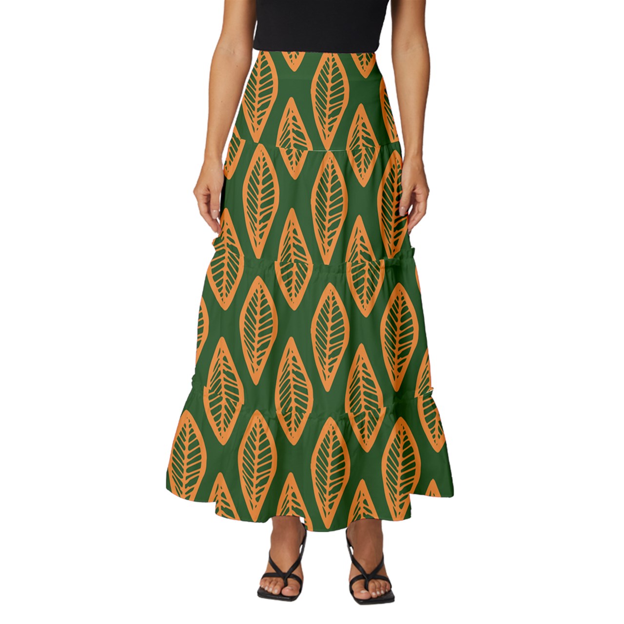 African | Ethnic | Mudcloth | #16 Green and Orange Tiered Ruffle Maxi Skirt