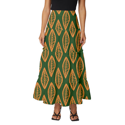 African | Ethnic | Mudcloth | #16 Green and Orange Tiered Ruffle Maxi Skirt