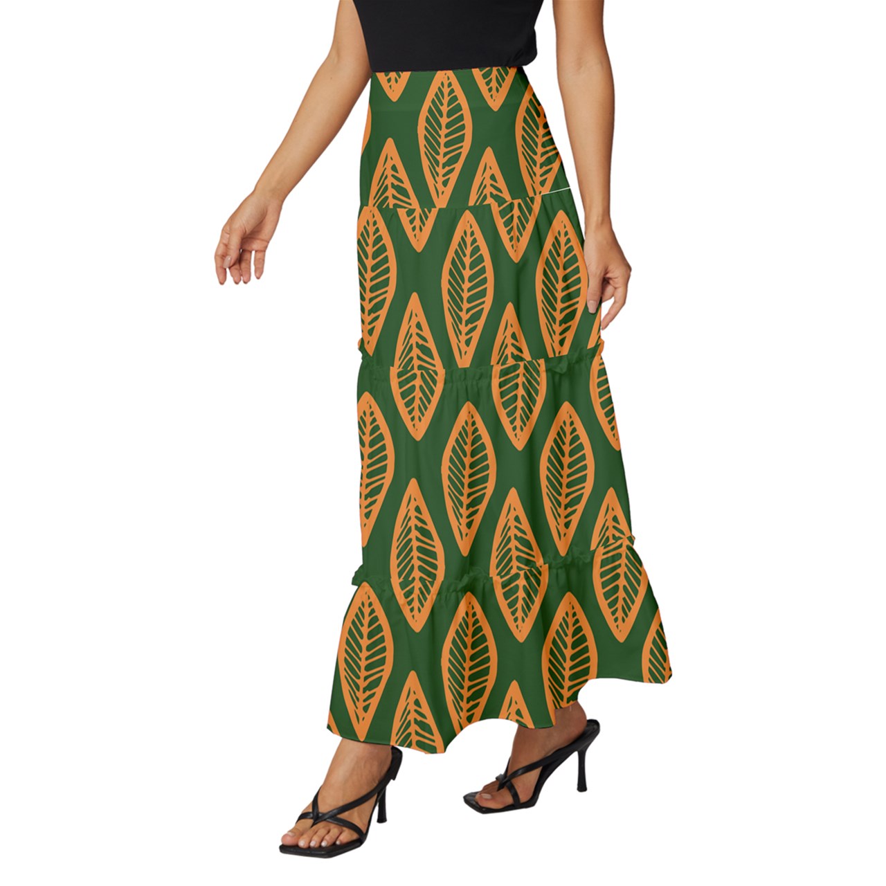 African | Ethnic | Mudcloth | #16 Green and Orange Tiered Ruffle Maxi Skirt
