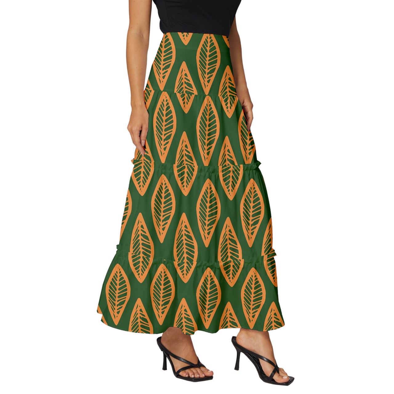 African | Ethnic | Mudcloth | #16 Green and Orange Tiered Ruffle Maxi Skirt