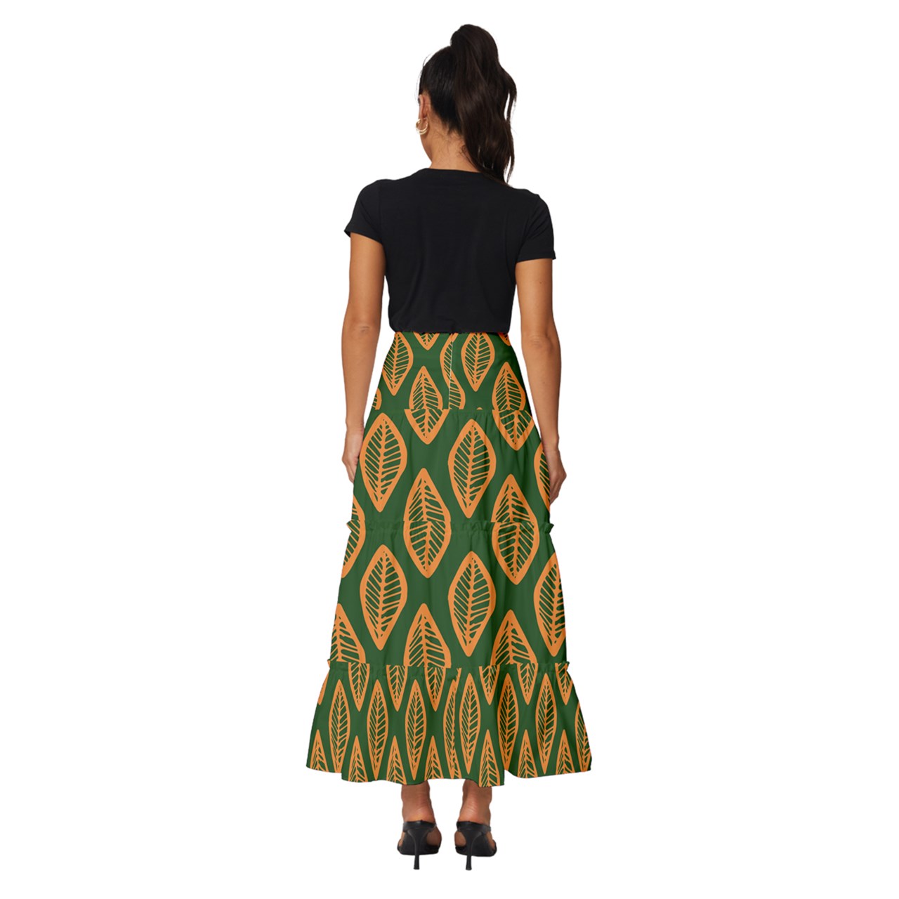 African | Ethnic | Mudcloth | #16 Green and Orange Tiered Ruffle Maxi Skirt