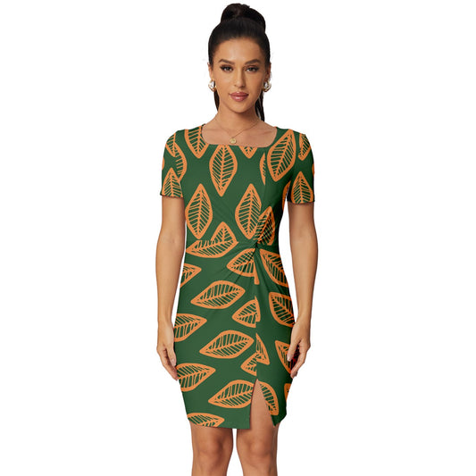 African | Ethnic | Mudcloth | #16 Green and Orange Fitted Knot Split End Bodycon Dress