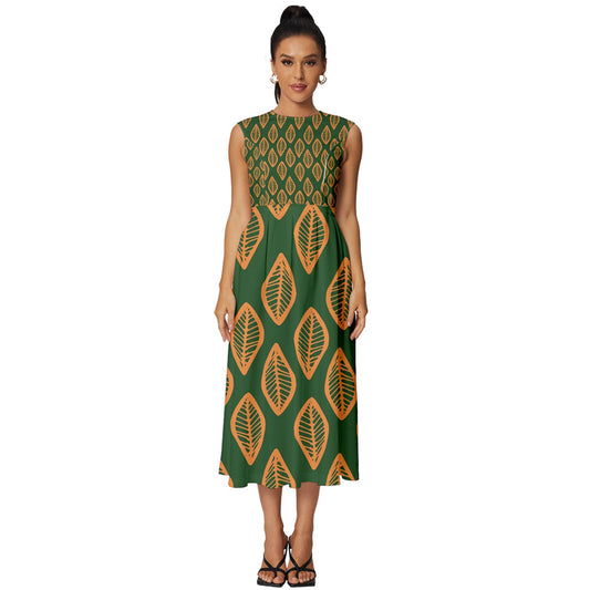 African | Ethnic | Mudcloth | #16 Green and Orange Sleeveless Round Neck Midi Dress