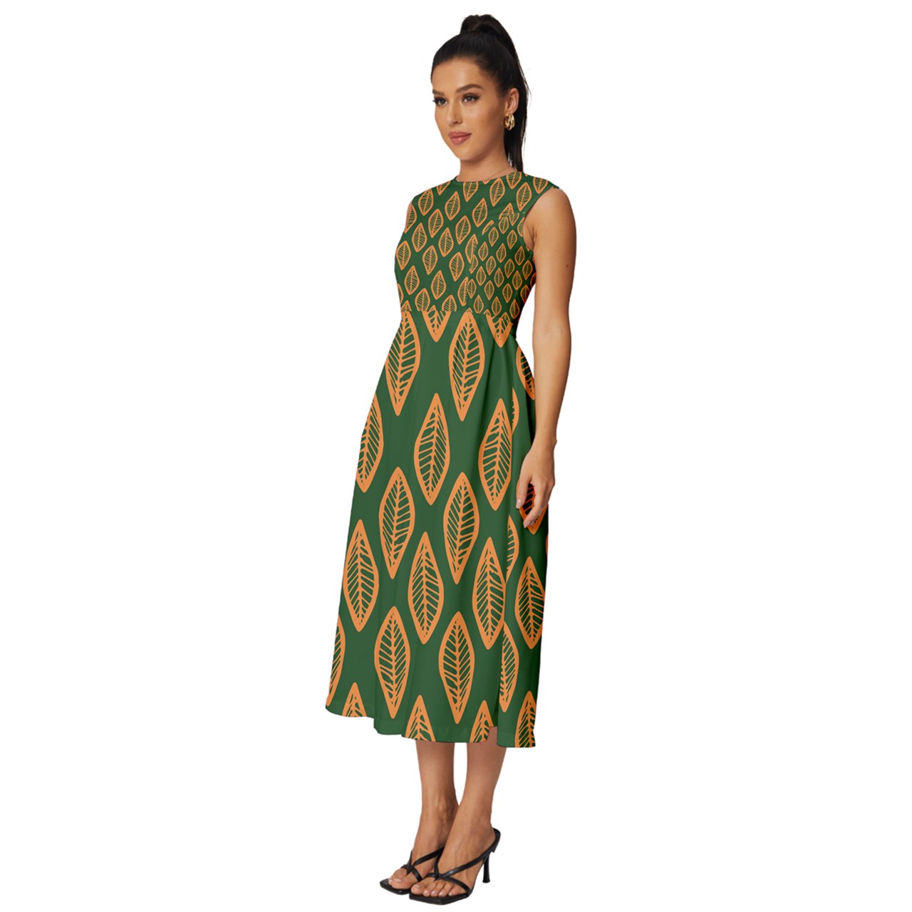 African | Ethnic | Mudcloth | #16 Green and Orange Sleeveless Round Neck Midi Dress