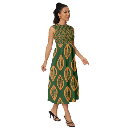 African | Ethnic | Mudcloth | #16 Green and Orange Sleeveless Round Neck Midi Dress