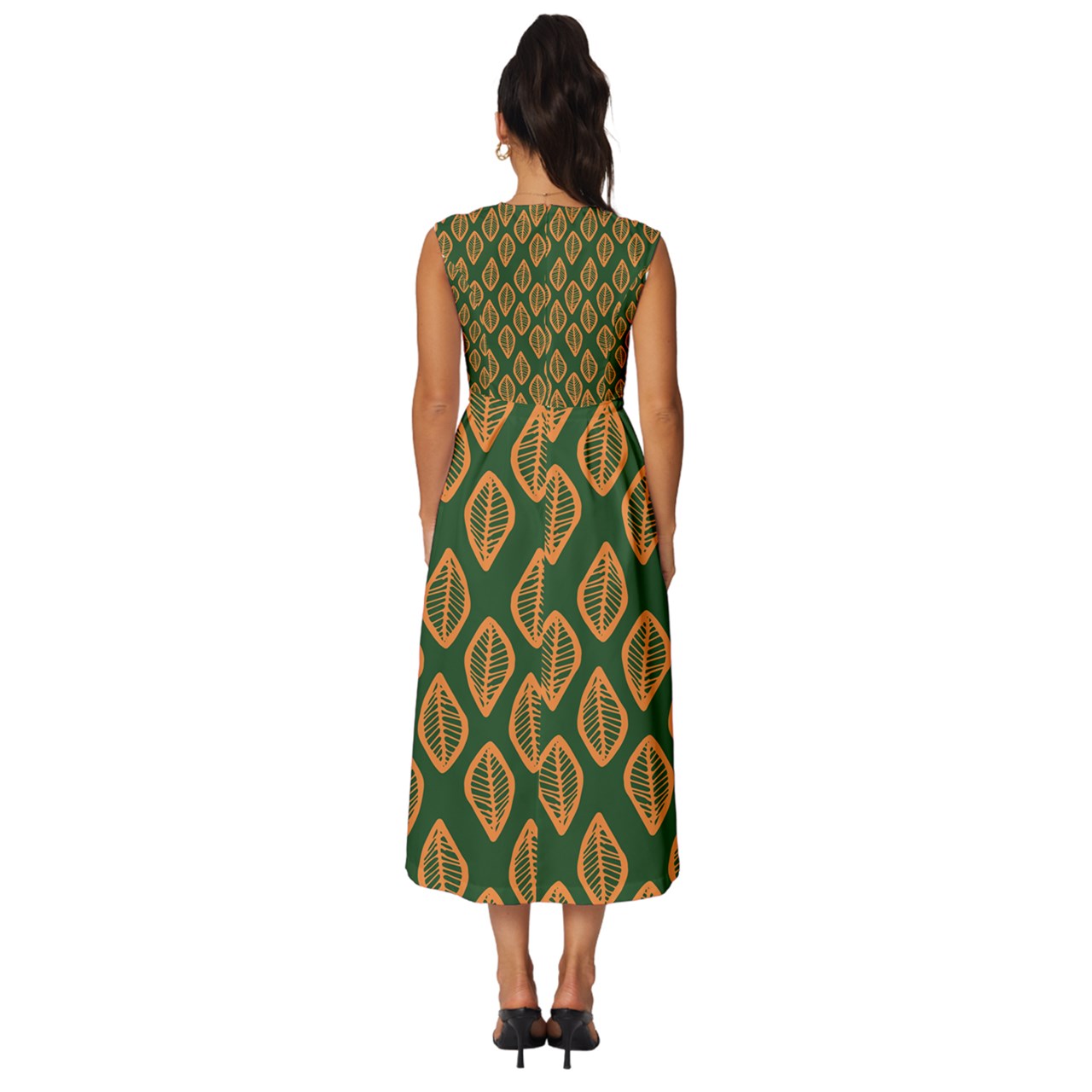 African | Ethnic | Mudcloth | #16 Green and Orange Sleeveless Round Neck Midi Dress