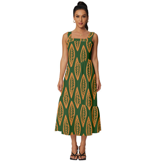 African | Ethnic | Mudcloth | #16 Green and Orange Square Neckline Tiered Midi Dress