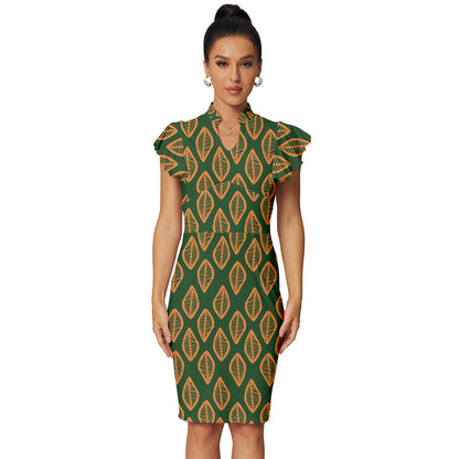 African | Ethnic | Mudcloth | #16 Green and Orange Vintage Frill Sleeve V-Neck Bodycon Dress