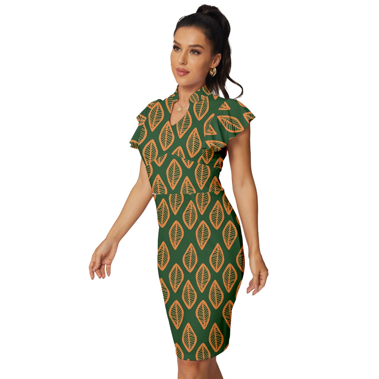 African | Ethnic | Mudcloth | #16 Green and Orange Vintage Frill Sleeve V-Neck Bodycon Dress