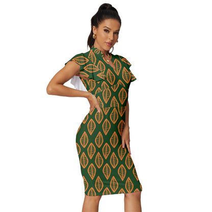 African | Ethnic | Mudcloth | #16 Green and Orange Vintage Frill Sleeve V-Neck Bodycon Dress