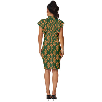 African | Ethnic | Mudcloth | #16 Green and Orange Vintage Frill Sleeve V-Neck Bodycon Dress