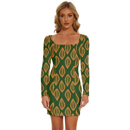 African | Ethnic | Mudcloth | #16 Green and Orange Long Sleeve Square Neck Bodycon Velvet Dress