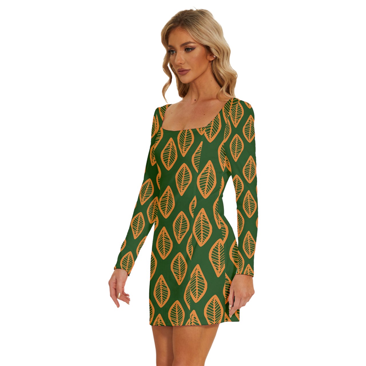 African | Ethnic | Mudcloth | #16 Green and Orange Long Sleeve Square Neck Bodycon Velvet Dress