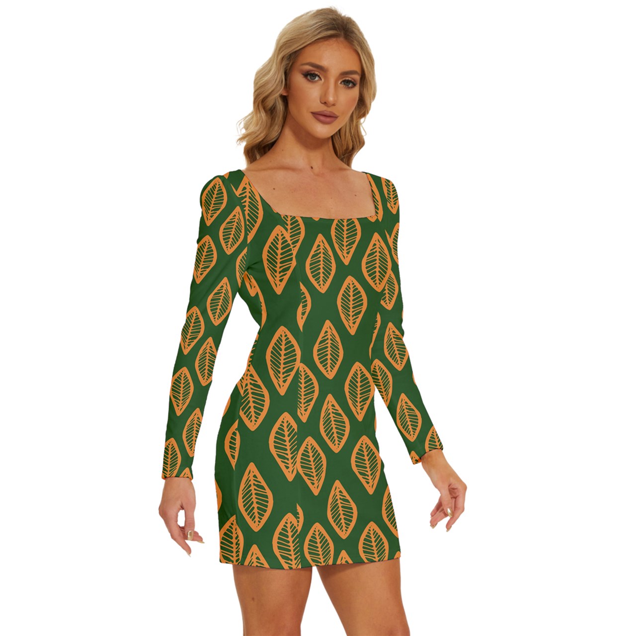 African | Ethnic | Mudcloth | #16 Green and Orange Long Sleeve Square Neck Bodycon Velvet Dress