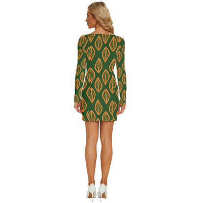 African | Ethnic | Mudcloth | #16 Green and Orange Long Sleeve Square Neck Bodycon Velvet Dress