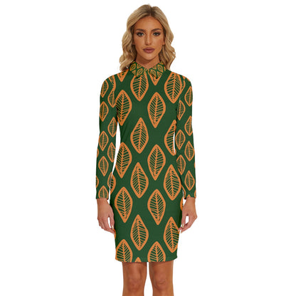 African | Ethnic | Mudcloth | #16 Green and Orange Long Sleeve Shirt Collar Bodycon Dress