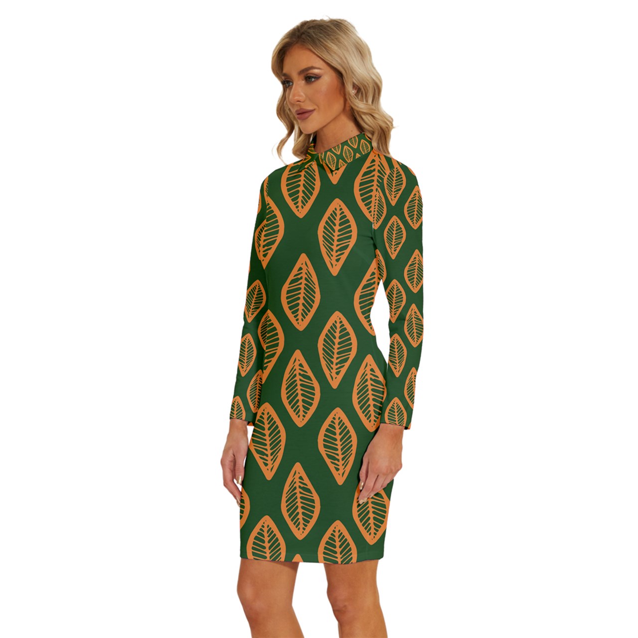 African | Ethnic | Mudcloth | #16 Green and Orange Long Sleeve Shirt Collar Bodycon Dress