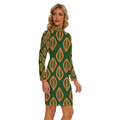 African | Ethnic | Mudcloth | #16 Green and Orange Long Sleeve Shirt Collar Bodycon Dress