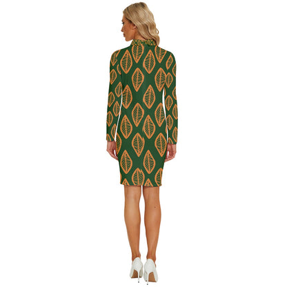 African | Ethnic | Mudcloth | #16 Green and Orange Long Sleeve Shirt Collar Bodycon Dress