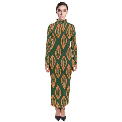 African Ethnic Orange Green Turtleneck Maxi Dress