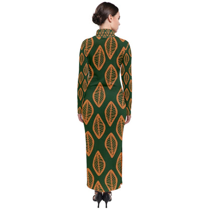 African Ethnic Orange Green Turtleneck Maxi Dress