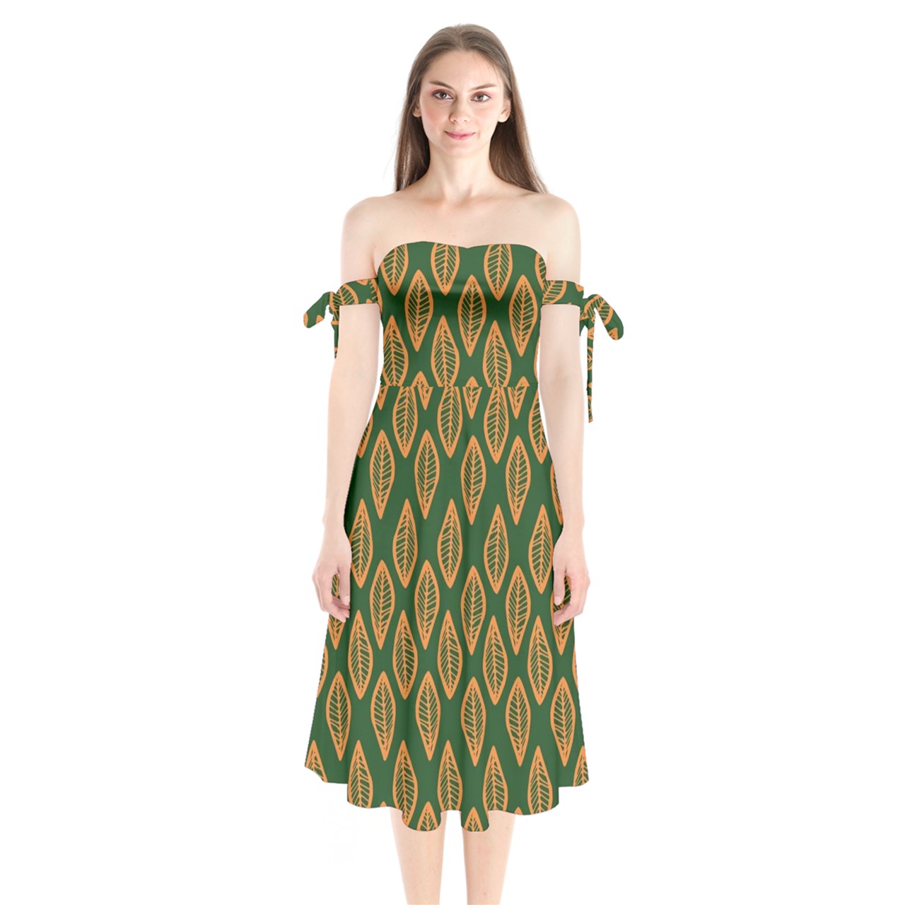 African Ethnic Orange Green Shoulder Tie Bardot Midi Dress