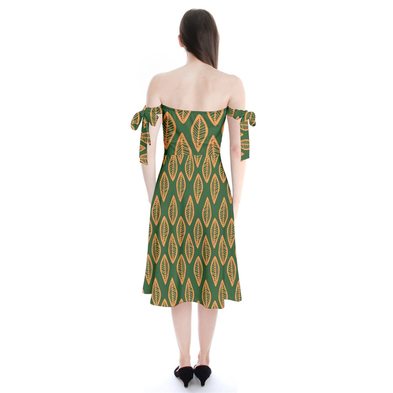 African Ethnic Orange Green Shoulder Tie Bardot Midi Dress