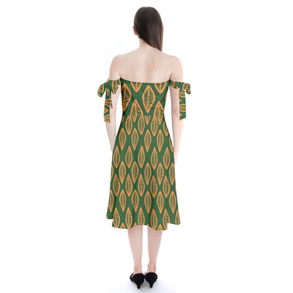 African Ethnic Orange Green Shoulder Tie Bardot Midi Dress