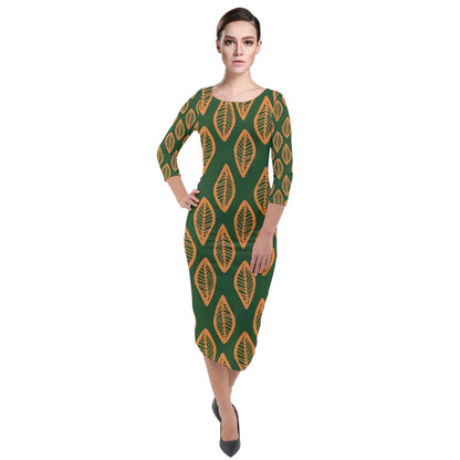 African Ethnic Orange Green Quarter Sleeve Midi Velour Bodycon Dress