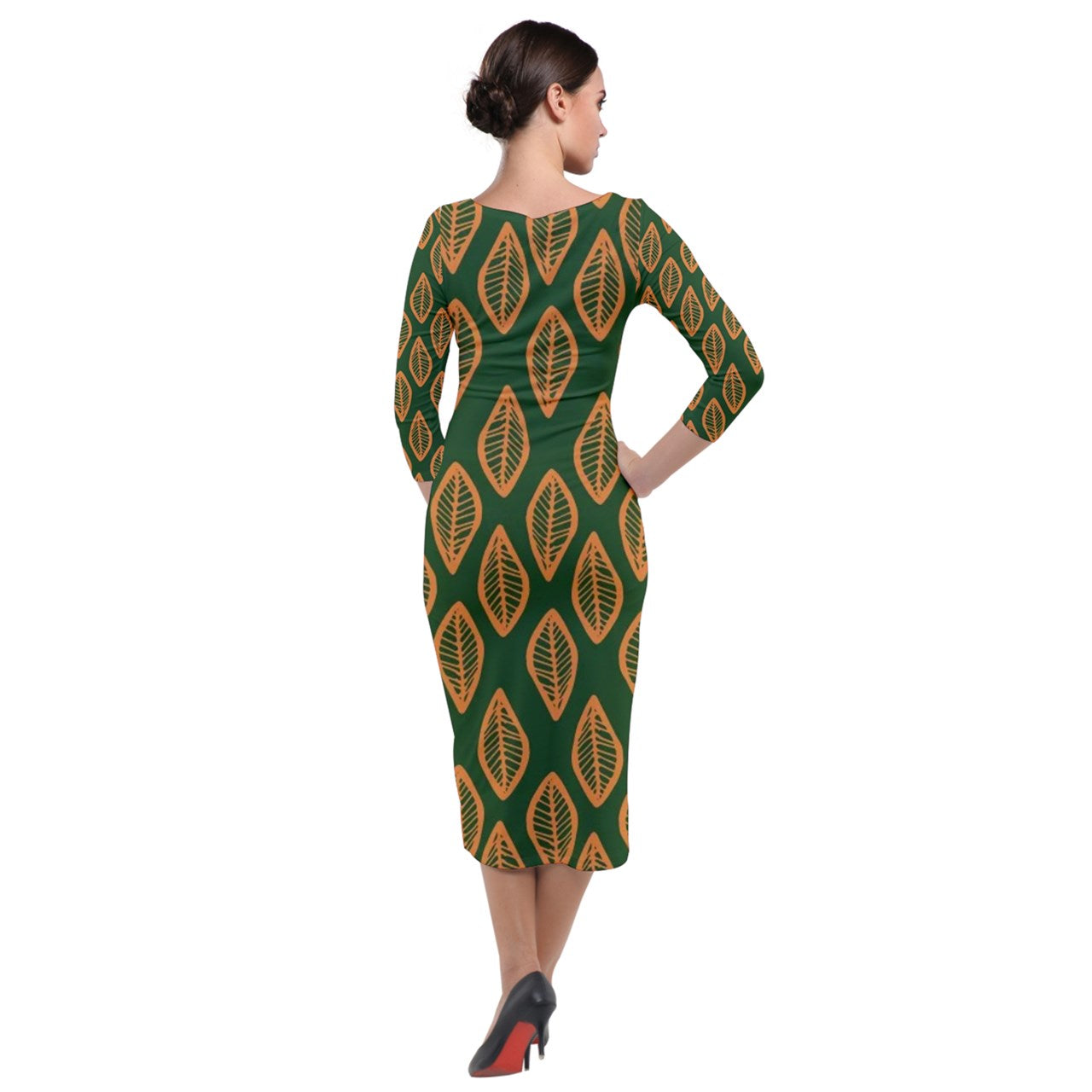 African Ethnic Orange Green Quarter Sleeve Midi Velour Bodycon Dress