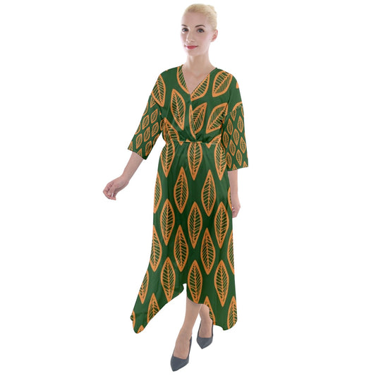 African Ethnic Orange Green Quarter Sleeve Wrap Front Maxi Dress