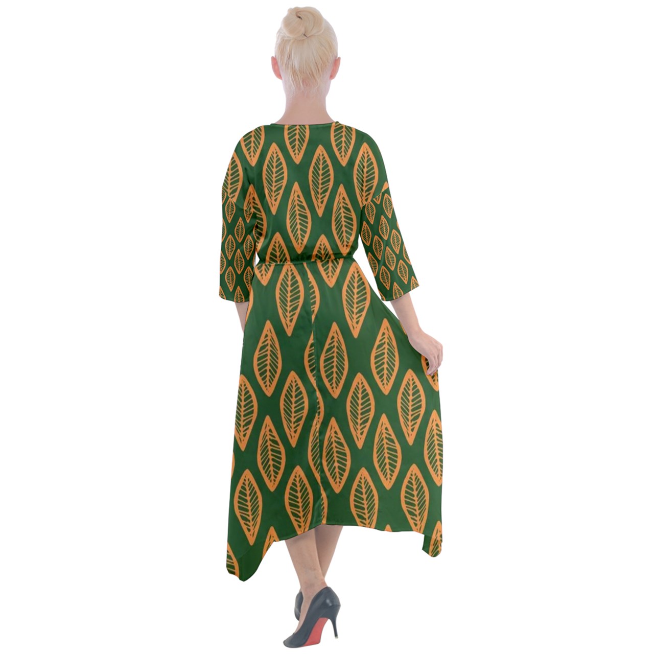 African Ethnic Orange Green Quarter Sleeve Wrap Front Maxi Dress