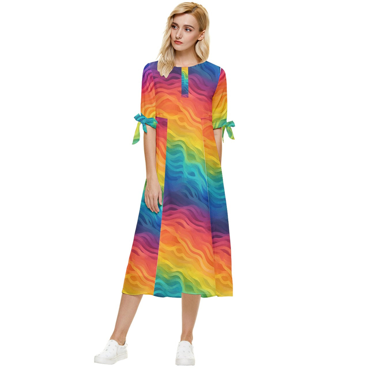 LGBTQ Rainbow Bow Sleeve Chiffon Midi Dress