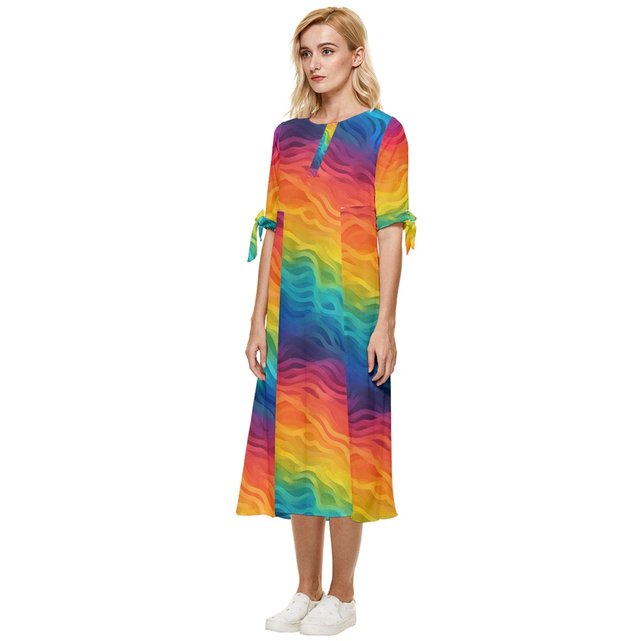 LGBTQ Rainbow Bow Sleeve Chiffon Midi Dress