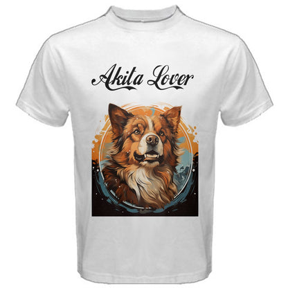 Men's Cotton Tee: Akita Lover - A Luxtrini Exclusive Akita Dog White Tee #1
