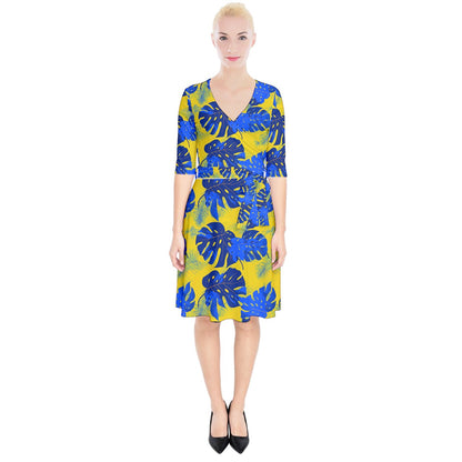 Blue Monstera Leaves on Yellow Wrap Up Cocktail Dress