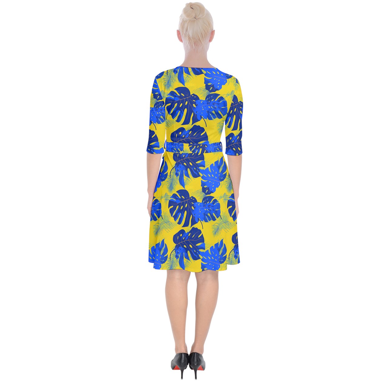 Blue Monstera Leaves on Yellow Wrap Up Cocktail Dress