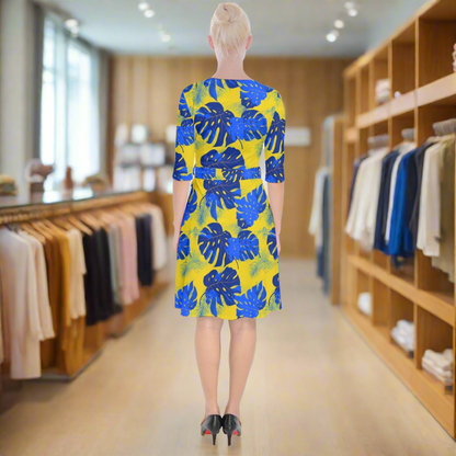 Blue Monstera Leaves on Yellow Wrap Up Cocktail Dress